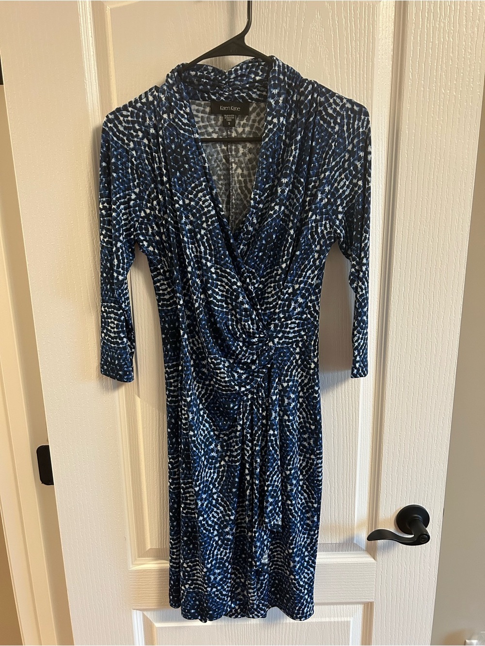 Karen Kane Navy and White Long-Sleeve Faux-Wrap Dress